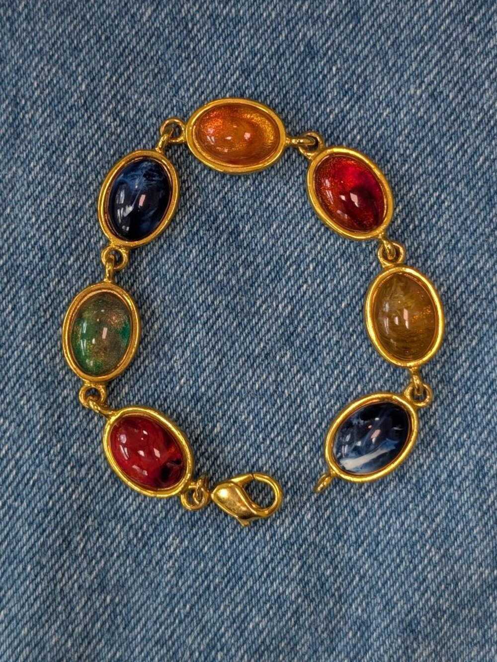 Vintage 1990's Colorful Stone Link Bracelet by Liz Claiborne, Gold Tone Setting